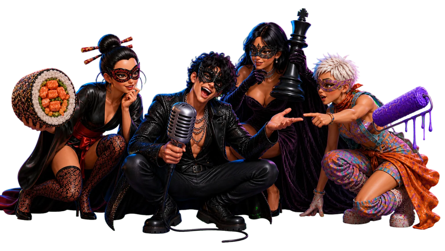 Five masked MASQO characters acting out clues with playful props